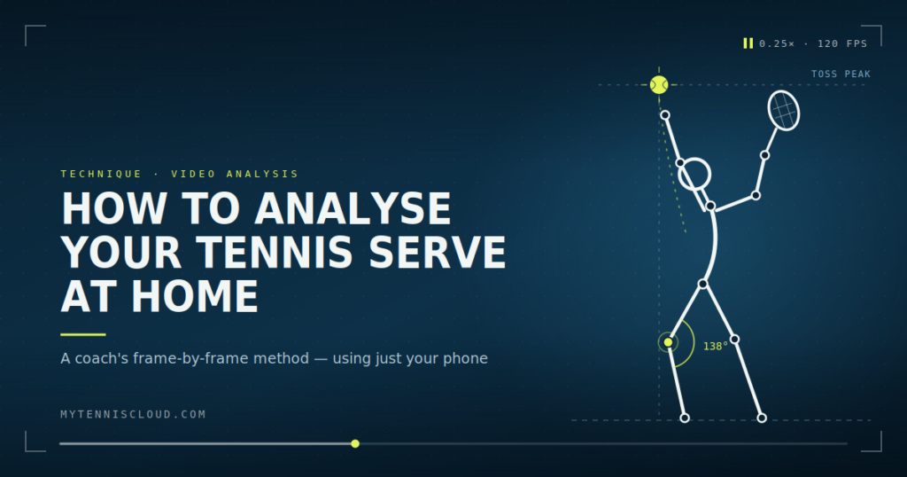 Tennis player in the trophy position with frame-by-frame video analysis markers showing ball toss arc, contact height and a 138-degree knee angle